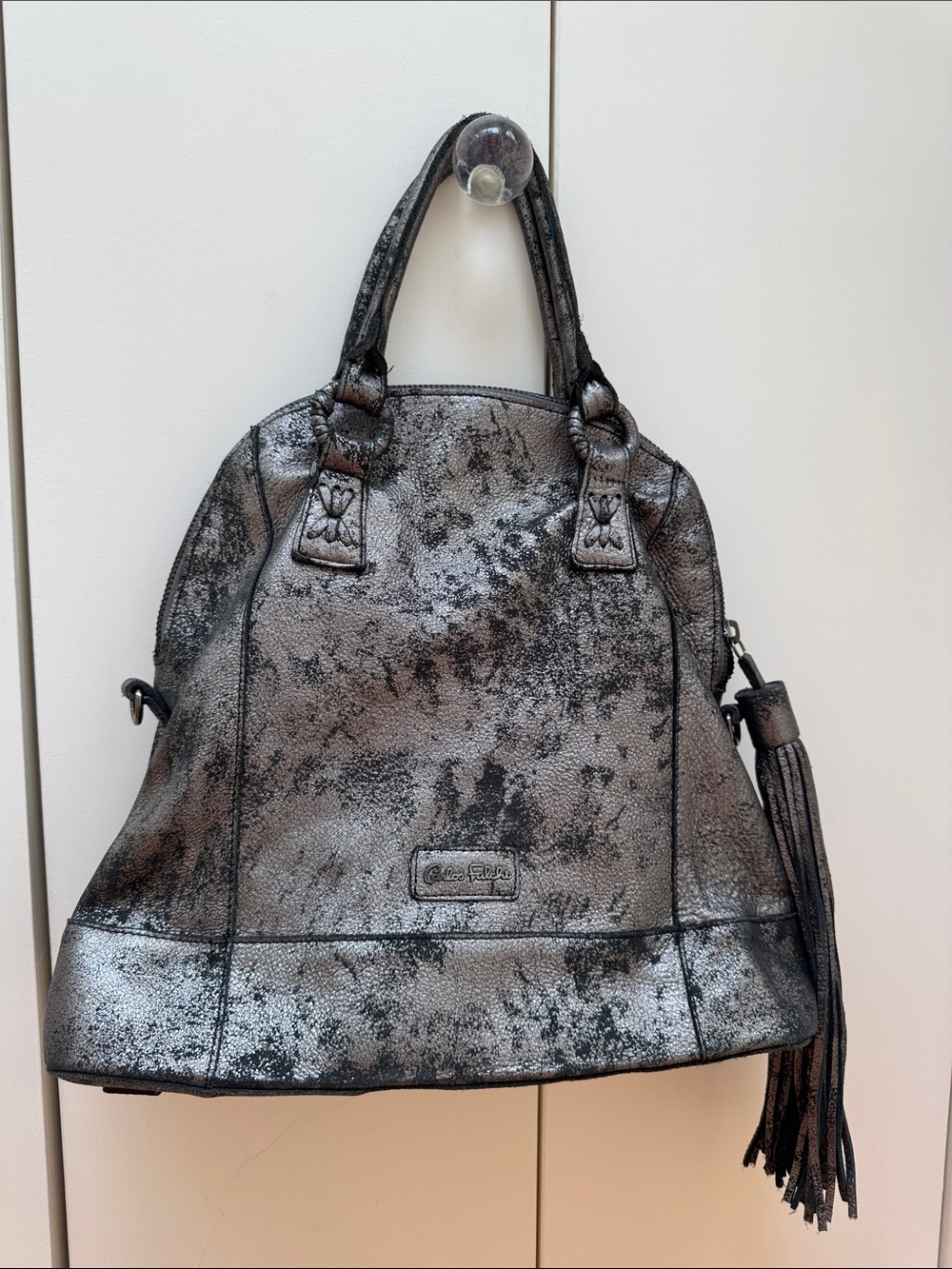 Carlos Falchi Metallic Silver-Black Satchel with Tassel
